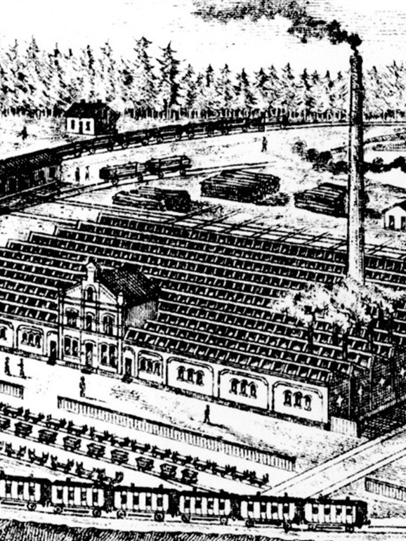 Detail of the 1891 engraving showing the main assembly hall and chimney